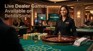 Luxurious live dealer studio with croupier, chip stacks, card shoe, and roulette wheel.
