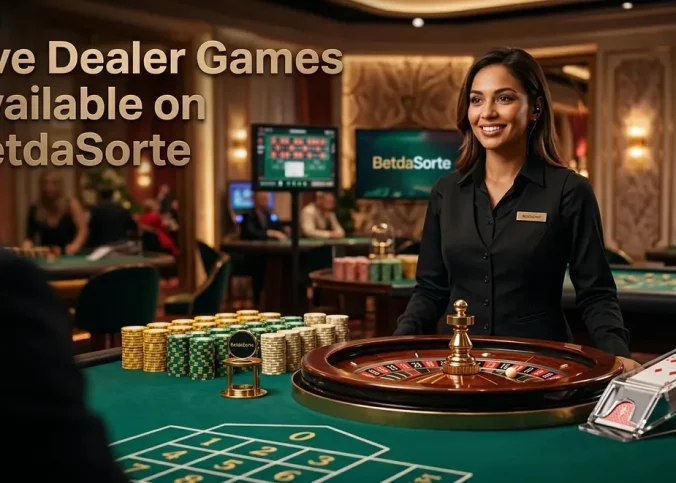 Luxurious live dealer studio with croupier, chip stacks, card shoe, and roulette wheel.