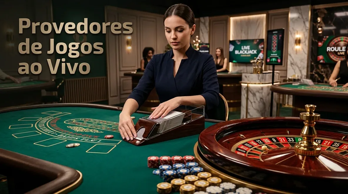 Estúdio de jogos ao vivo com mesas, chips e uma roleta elegante.