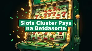 Slot cabinet screen with emerald green and gold symbols, celebrating Cluster Pays win.