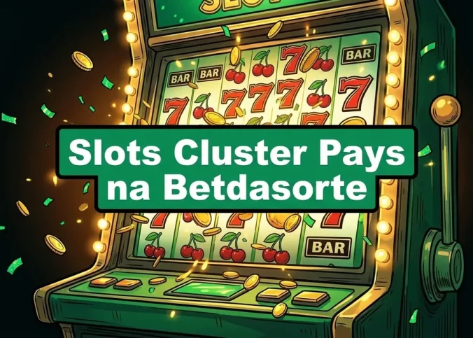 Slot cabinet screen with emerald green and gold symbols, celebrating Cluster Pays win.